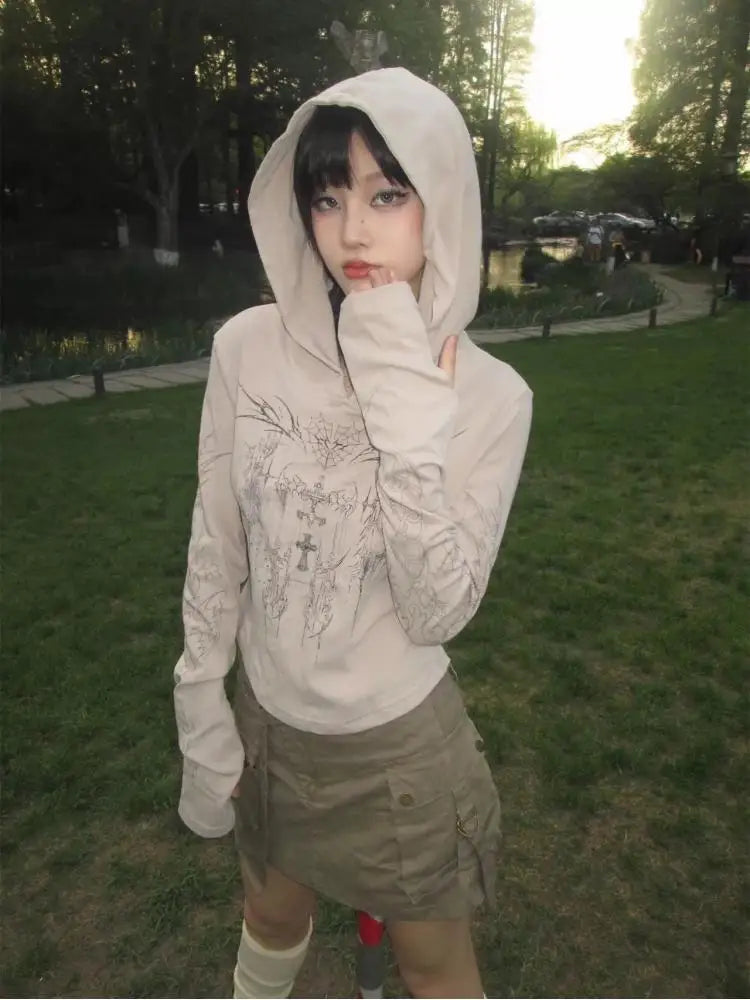 Lunivop Gothic Print Graphic Tops Hoody Long Sleeve Y2k Aesthetics Vintage Crop Tops Streetwear 2000s Japanese Grunge Tee Tops