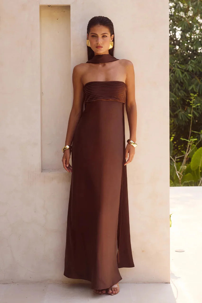 Lunivop  Summer Fashion New Women's Commuting Style Strapless Sexy Temperament Satin Temperament Lace Up Long Skirt