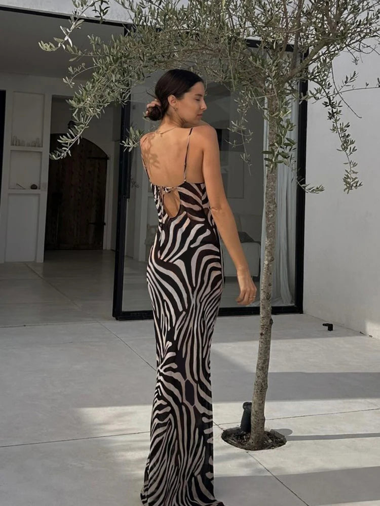 Lunivop Chiffon Zebra Print Beach Dress Women Sexy See Through Sim Long Party Dresses Summer Spaghetti Strap Backless Holiday Dress