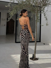 Lunivop Chiffon Zebra Print Beach Dress Women Sexy See Through Sim Long Party Dresses Summer Spaghetti Strap Backless Holiday Dress