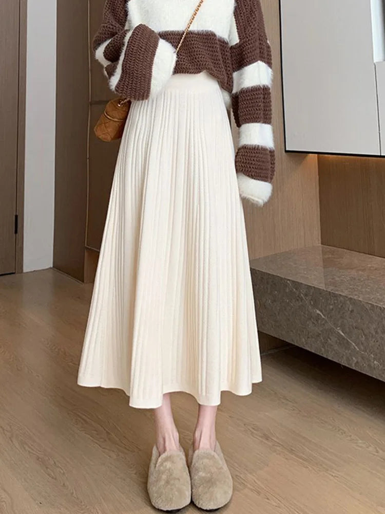 Lunivop Sweet Vintage Knitted Long Skirts Women Preppy Style High Waist Loose A Line Skirts Fall Winter Retro Simple Elegant Long Skirts