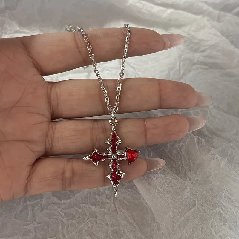 Lunivop Simple Red Glass Cross Cherry Strawberry Heart Pendant Necklace for Women Stainless Steel Jewelry Accessories