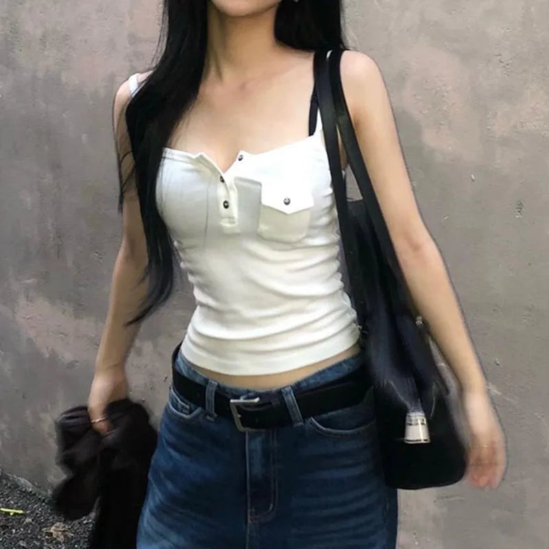 Lunivop  Solid Skinny Cargo Pocket Crop Top Sexy See Through White Camisole Women Basic Summer Strap Tees y2k Streetwear Clothing