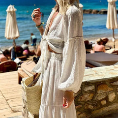 Lunivop  Summer Women's White Two Piece Set Casual Fashion Lace Up Long Puff Sleeve Deep V Neck Short Top+Long Skirt 2pcs 