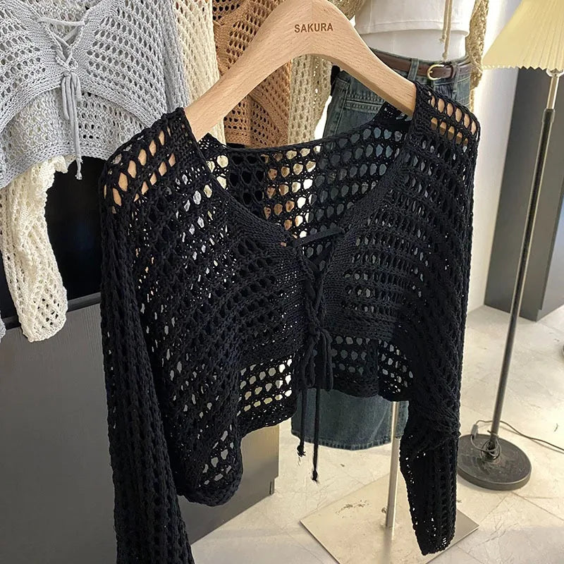 Lunivop Crochet Crop Tie Front Cardigan Women Long Sleeve Sheer OpenKnit Bolero Shrug Top Summer Beach Bikini Cover Up Y2K Outfit