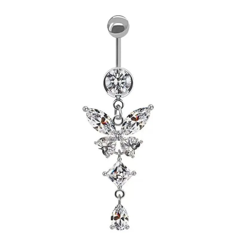 Lunivop  Shiny Butterfly Flower Zircon Pendant Stainless Steel Belly Button Ring Beautiful Navel Piercing Body Fashion Jewelry