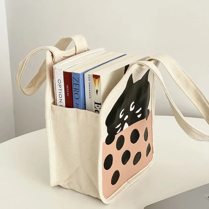 Lunivop Small Handbags for Women Korean Style Cute Cartoon Cat Canvas Bag 2024 Fashion Casual Portability Kawaii Print Bag