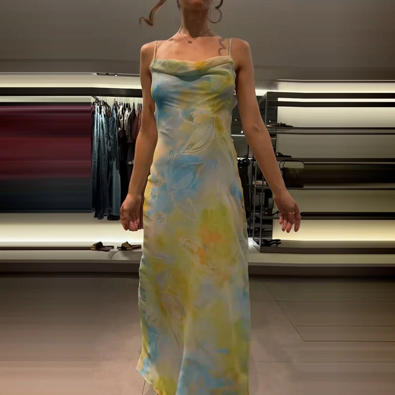 Lunivop  Watercolor Print Cowl Neck Chiffon Slip Maxi Dress Sleeveless Semi-Sheer Summer Chic Women Vacation Beach Romantic Vestido