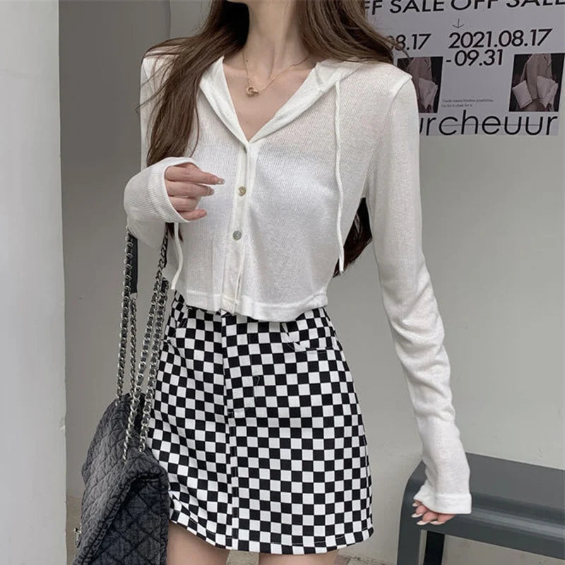 Lunivop Rimocy Summer Knitted Hooded Cardigan Women Korean Streetwear Single Breasted Crop Tops Woman Solid Long Sleeve Knitwear Top