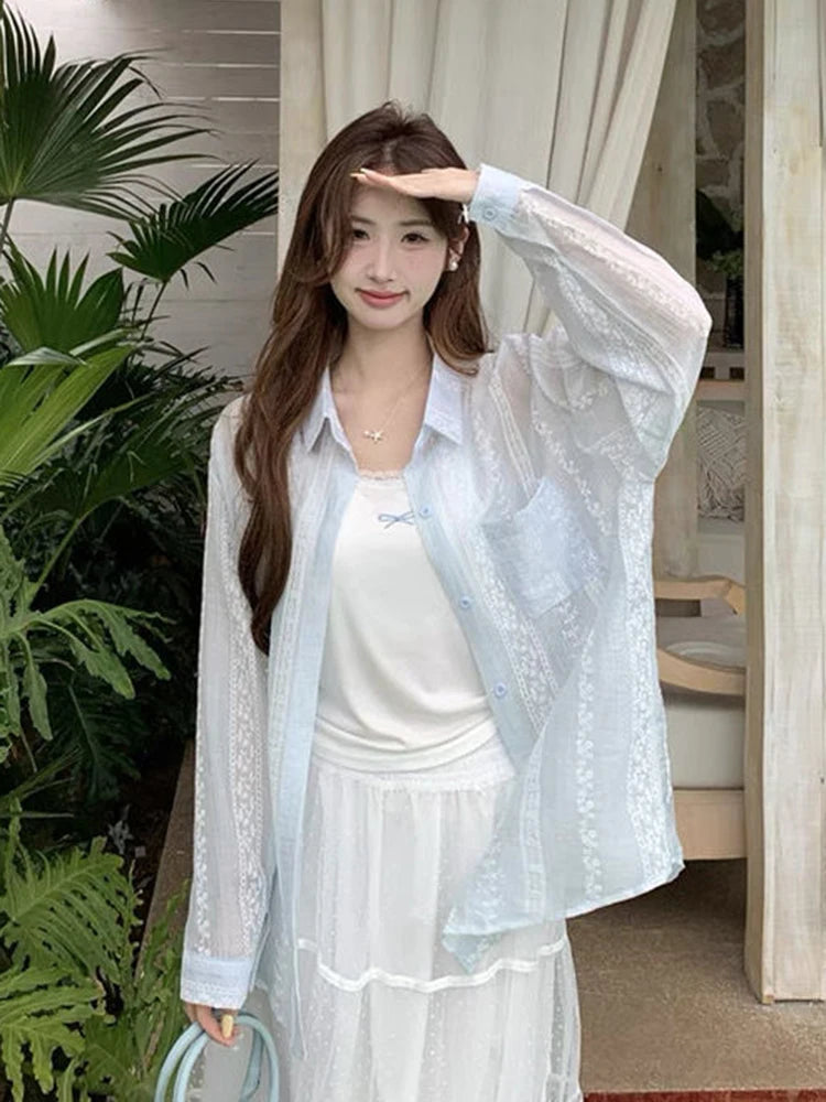 Lunivop See Through Sun Proof Shirt Women Loose Sweet Long Sleeve Elegant Blouse Sexy Fashion Female Summer Chic Korean Tops New