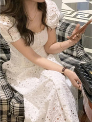 Lunivop  Summer White Midi Dress Hollow Out For Women Elegant Square Collar Puff Sleeve French Kawaii Vestidos Korean Chic Dresses Mujer