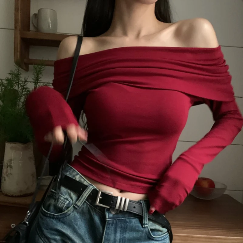 Lunivop Chic Women Sexy Off Shoulder T-shirt Winter Long Sleeve Slim Fit Crop Top Y2K Vintage Harajuku Black Tees Elegant Female Clothes