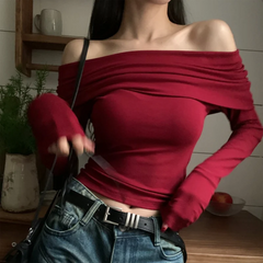 Lunivop Chic Women Sexy Off Shoulder T-shirt Winter Long Sleeve Slim Fit Crop Top Y2K Vintage Harajuku Black Tees Elegant Female Clothes