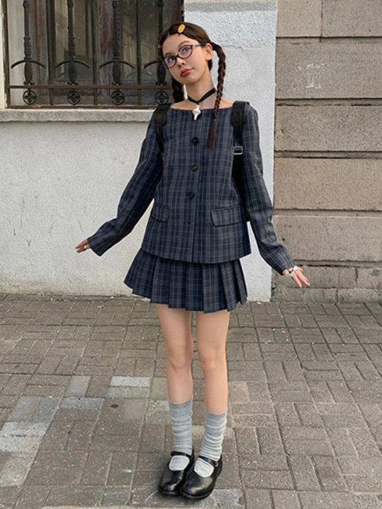 Lunivop Plaid Two-piece Suit Women Harajuku Slash Neck Vintage Single Breasted Overcoat Girls Sweet Pleated Grunge Skirts