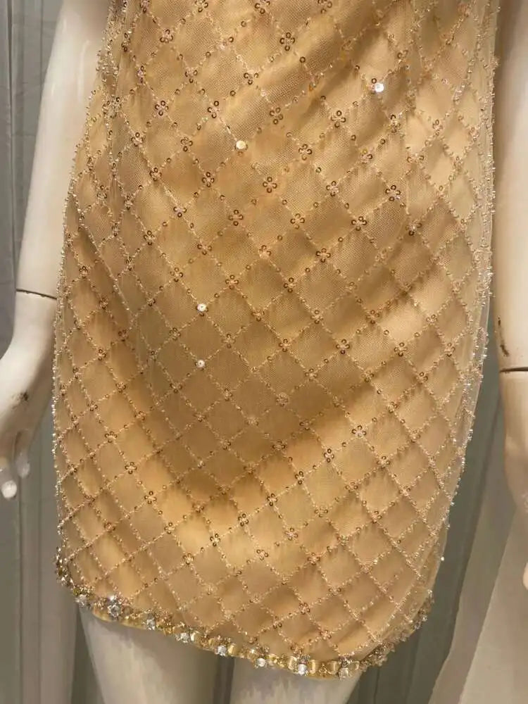 Lunivop 2025 New Diamonds Bow Women's Spaghetti Strap Dress Beading Plaid Zipper V-Neck Sleeveless Elegance Dresses Female