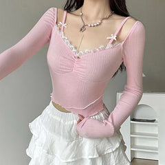 Lunivop  Sweet Off-shoulder Cute Crop Top Lace Patchwork Pink Coquette Aesthetic Slim-fit Long Sleeve Knitted T-shirts Ladies y2k