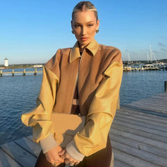 Lunivop Spliced Turn Down Collar Zipper Long Sleeve Y2K Pu Faux Leather Lacket Women'S Coats Winter Casual Clothes