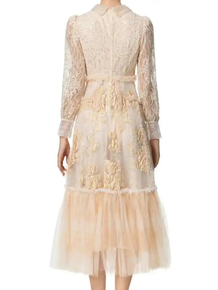 Lunivop Color Block Spliced Ruffles Sweet Dresses Women Lapel Long Sleeve Embroidery Midi Dresses Female 2025 Spring New