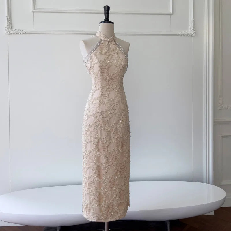 Lunivop  Fashion Pearl Embroidered Dress Women's Sleeveless Waist Retraction Dresses 2025 Summer New Tide