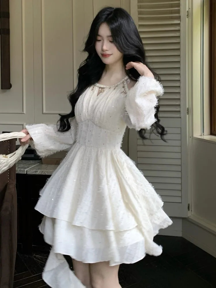 Lunivop  Women's Chic Irregular Ruffles Shell Decoration Mini Dress Autumn Winter Long Sleeve Off Shoulder Fairy Evening Sequin Vestidos