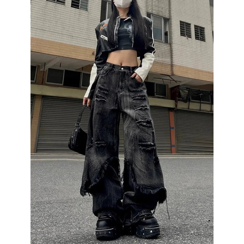 Lunivop Black Jeans Women American Style Y2K 90S Vintage High Waisted Jean Straight Trouser Streetwear Casual Loose Wide Leg Denim Pants