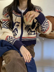 Lunivop Knitted Zip Up Cardigan Women Vintage Fair Isle Zipper Front Cropped Sweater Jacket Knitwear Autumn Winter Outfit