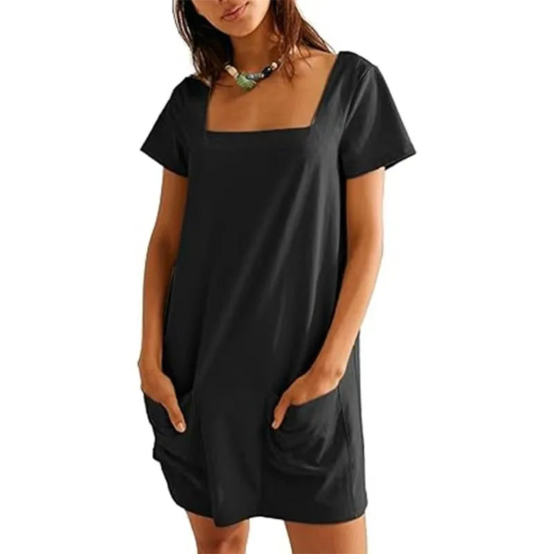Lunivop  Women's Fashion Dress Loose Waist, Summer Short-sleeved Square Neck Pocket Casual Dress