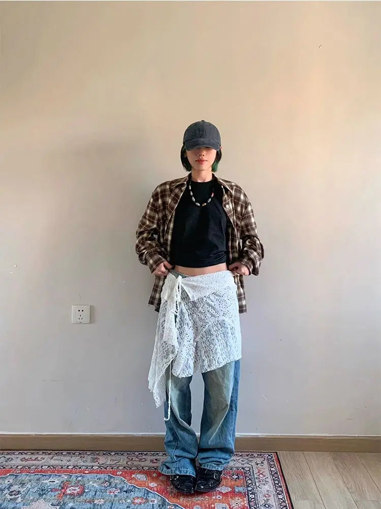 Lunivop  Korean Fashion Lace All-match Skirt for Women Y2k High Waist White A-line Skirts 2025 Summer New Hollow Out Faldas Mujer