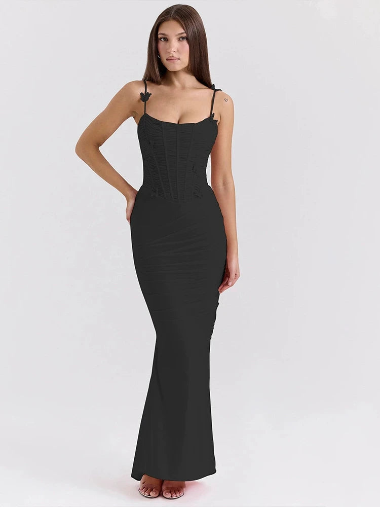Lunivop Sexy Backless Butterfly Ruched Women Maxi Dress Pink Spaghetti Strap Evening Dress Summer Skinny Vacation Party Clubwear