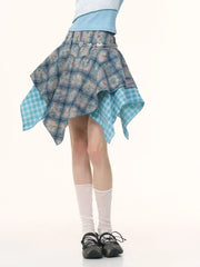 Lunivop  Irregular Patchwork Tie Dye Blue Plaid Skirts 2025 Summer New Skirt for Women Y2k High Waist Ruffles Faldas Sexy Mujer