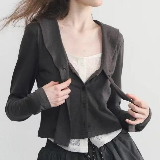 Lunivop  Y2K Aesthetic Lace-Trimmed Sailor Collar T-Shirt, Faux Two-Piece Set, Single-Breasted T-Shirt, Autumn Women's Grunge Fitted Top