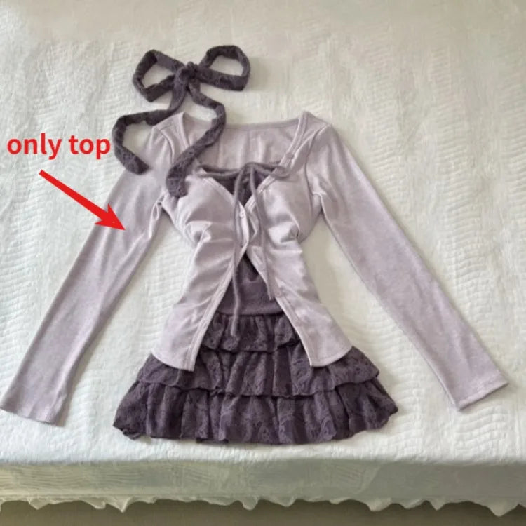 Lunivop  Sweet Fake Two Piece Long Sleeve Top for Women+ Y2k High Waist A-line Skirts Two Piece Sets 2025 Summer Fashion New