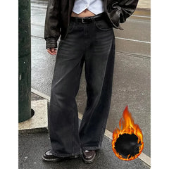 Lunivop  Winter Girls High Waist Straight Leg Fleece Jeans Lady Chic Thermal Plush Denim Pants Female Snow Warm Casual Trousers