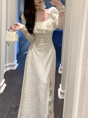 Lunivop  Elegant Lace Sleeve Long Dress for Women Chic Square Neck Retro Spliced Strappy Pleated Ruffle Party Prom One Piece Mujer Autumn