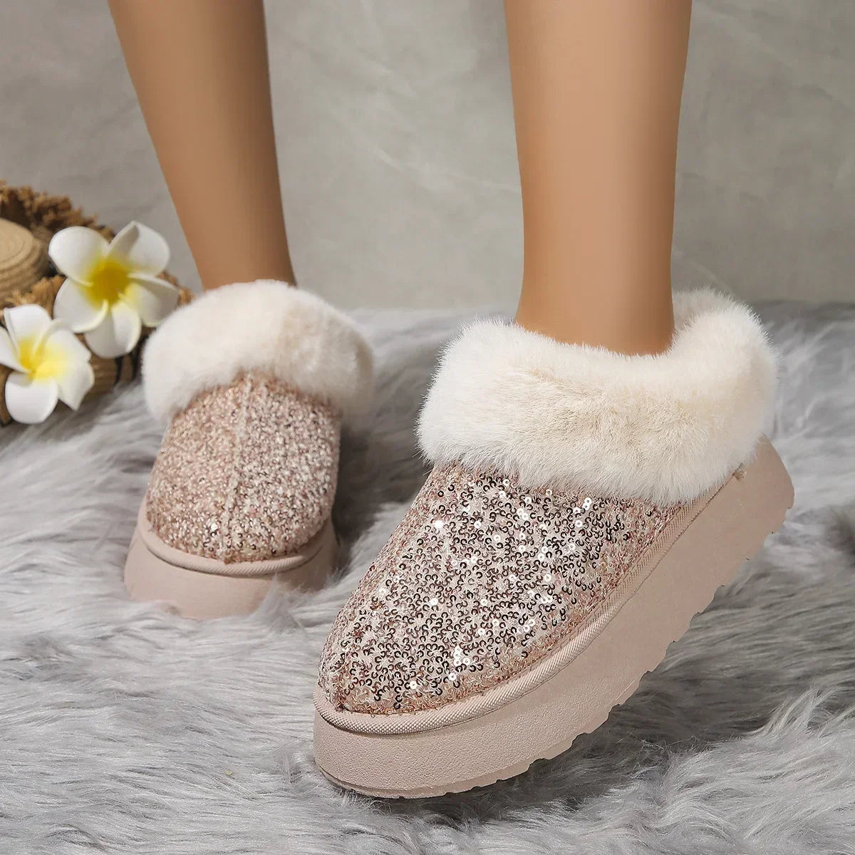 Lunivop New 2025 Winter Ankle Snow Boots Women Fashion Shiny Fur Short Plush Warm Flats Slippers Platform Shoes Indoor Cotton Flip-Flops