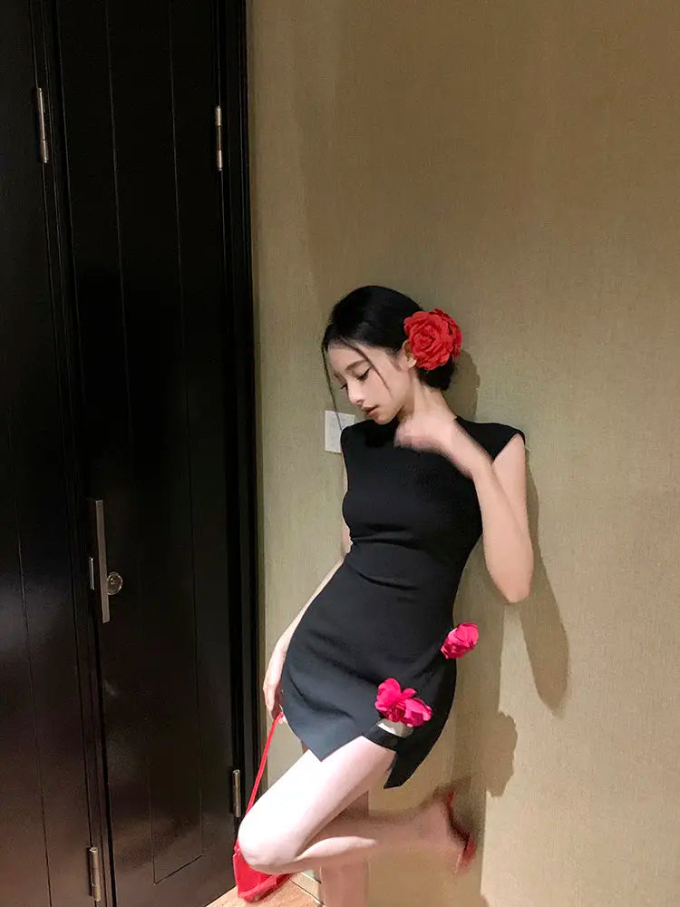 Lunivop  Woman Dress Sexy Sleeveless Flowers Slim Split Vintage Elegant Hollow Out Mini Dresses Party Female Fashion Club