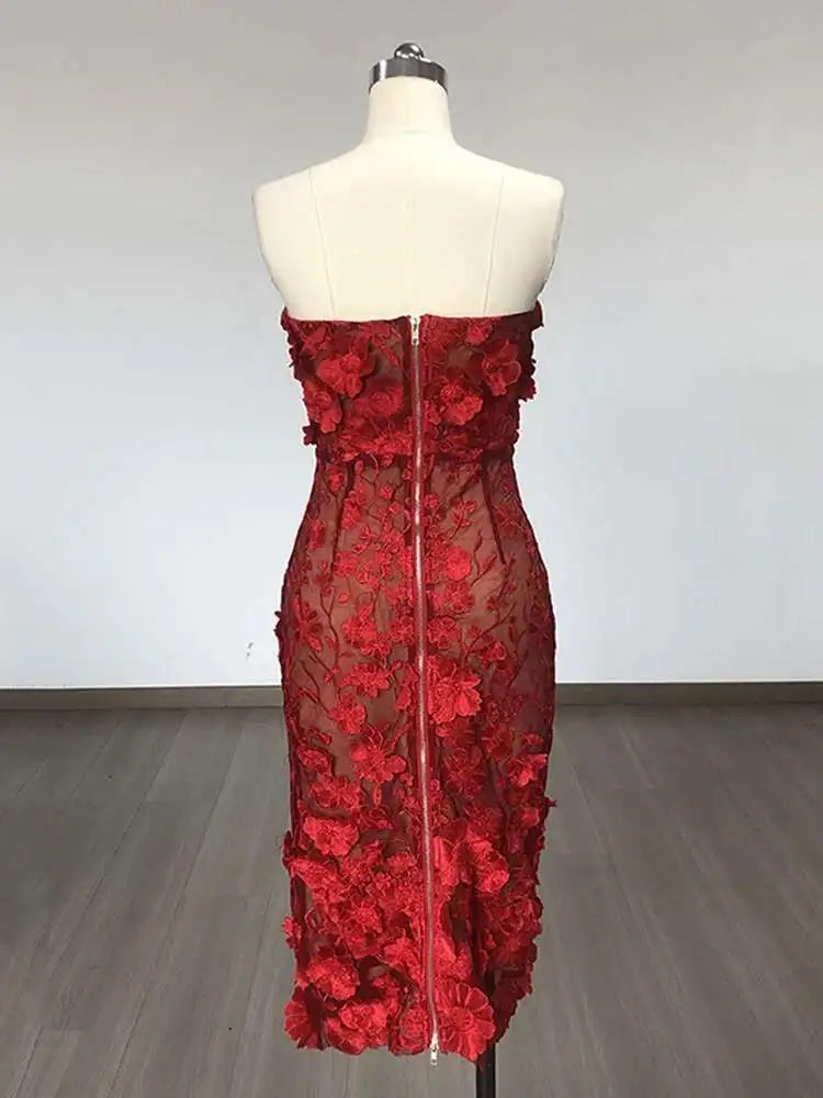 Lunivop Fashionable Solid Mesh Embroidered 3D Flower Women's Dresses Strapless Sleeveless High Waist Dress New Tide