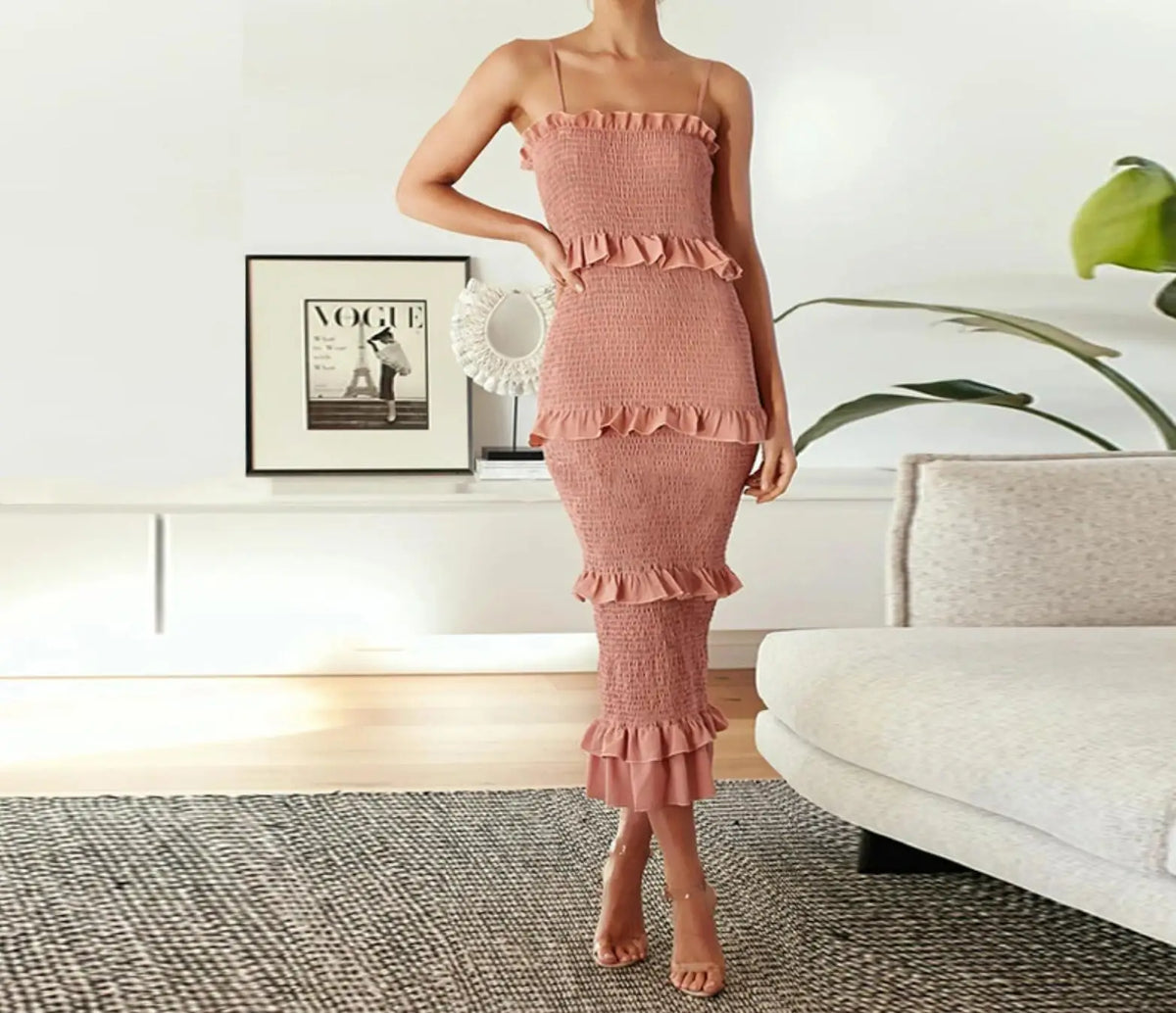 Lunivop  Sexy Wood ears Ruffles Elastic Bodycon Sling Dress Women Package Hips Midi Long Skinny Dresses Slim fit Robe