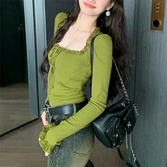 Lunivop Square Neck Pleated Sexy Tops Casual  Autumn Slim Long Sleeved T-shirt for Women's Ins Fashion Crop Top