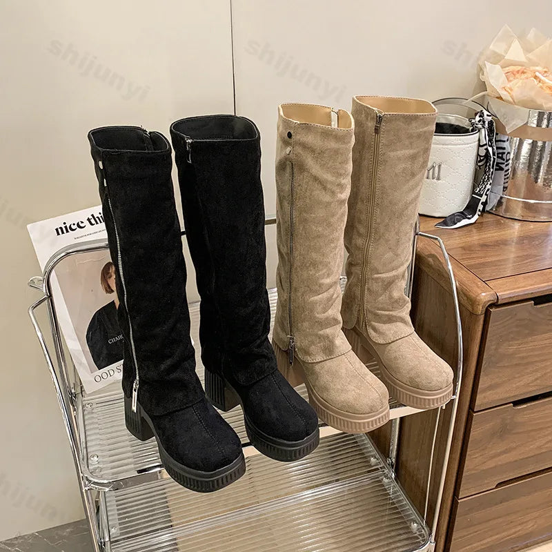 Lunivop Winter Women Long Boots Fashion Zipper Ladies Elegant Platform Long Pipe Booties Casual High Heel Women's Knee High Boots