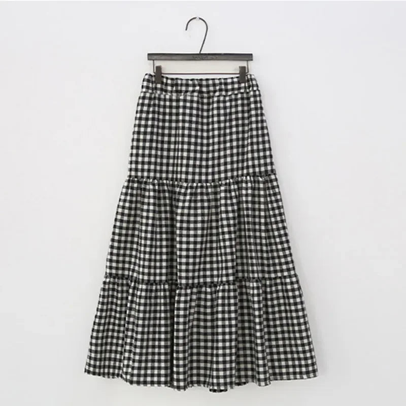 Lunivop Maxi Gingham Skirt Women Ankle Length Cotton-linen Black & White Plaid Elastic Waist Tiered Pleated Long Skirt Ladies falds