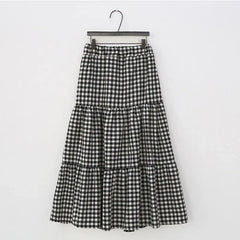 Lunivop Maxi Gingham Skirt Women Ankle Length Cotton-linen Black & White Plaid Elastic Waist Tiered Pleated Long Skirt Ladies falds