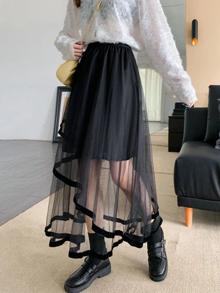 Lunivop Elegant Mesh Patchwork Women Tulle Skirt Fashion Korean A Line Cake Skirt Female Sweet Preppy Style Irregular Midi Skirt