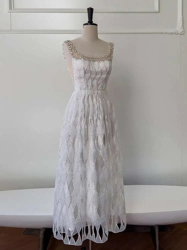 Lunivop Sequin Mesh Hollow Strapless Dresses For Women Slash Collar High Waist High Waist Elegant Dress Female Spring 2025