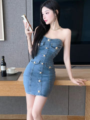 Lunivop  Summer Blue Denim Chic Chest Wrapping Sexy Hip Wrap Dress Women Elegant Casual Mini Dress 2025 Korean Fashion Bodycon Prom Dress