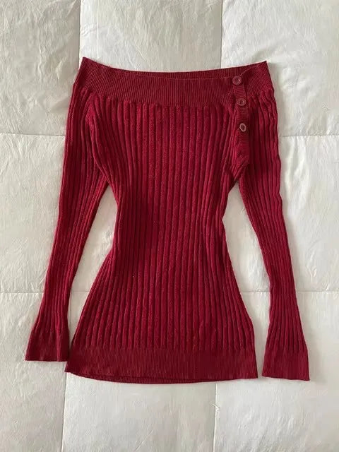 Lunivop  Fashion American Vintage Slash Neck Knitted Sweaters Y2k Solid Simple French Streetwear Pullover Casual Autumn Women Clothes