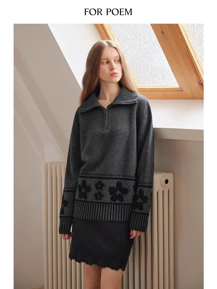 Lunivop Half Zipper Knit Cardigan Sweater Women Pullovers Cozy Loose Sweater Jacket Collared Long Sleeve Floral Print Fall Winter Outfit