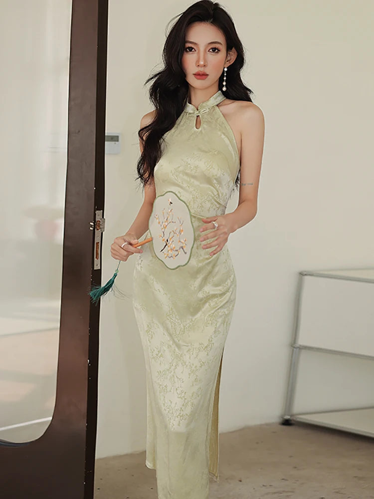Lunivop  Women Pink Acetate Satin Elegant Jacquard Long Dress Summer Sleeveless Chic Neck-mounted Dress Korean Luxury Evening Dress