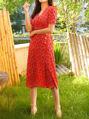 Lunivop  Retro V neck Front Slit Red Flower Wrap Dress Woman Tie Bow Lace up Waist Short Sleeve Below Knee Tea Dresses Holiday Robe