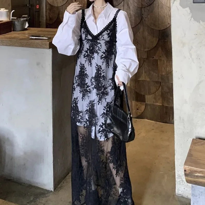 Lunivop Lace Floral Transparent Dresses Women Black Sexy Long Dress Korean Sleeveless Holiday Dress Vacation Streetwear Party
